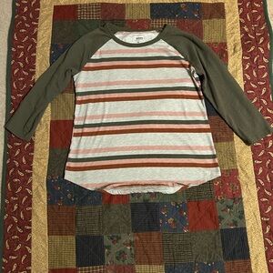 Sonoma Women’s Baseball Style Tee - Gray, Olive, and Rust Stripes - Size Small